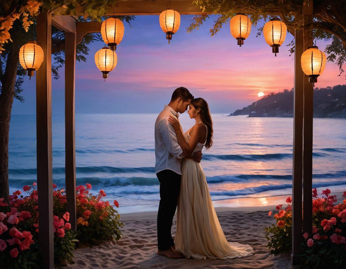 A serene twilight setting featuring a couple entwined in an intimate embrace, surrounded by softly glowing lanterns, lush flowers, and gentle waves lapping at the shore. Their expressions convey deep passion and connection, with warm colors radiating and creating an inviting atmosphere. A hint of mist adds a touch of mystery to the scene. super-realistic. vibrant colors. dreamy ambiance.